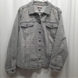 Chico's platinum denim jacket womens size XL gray rhinestone studs jewels